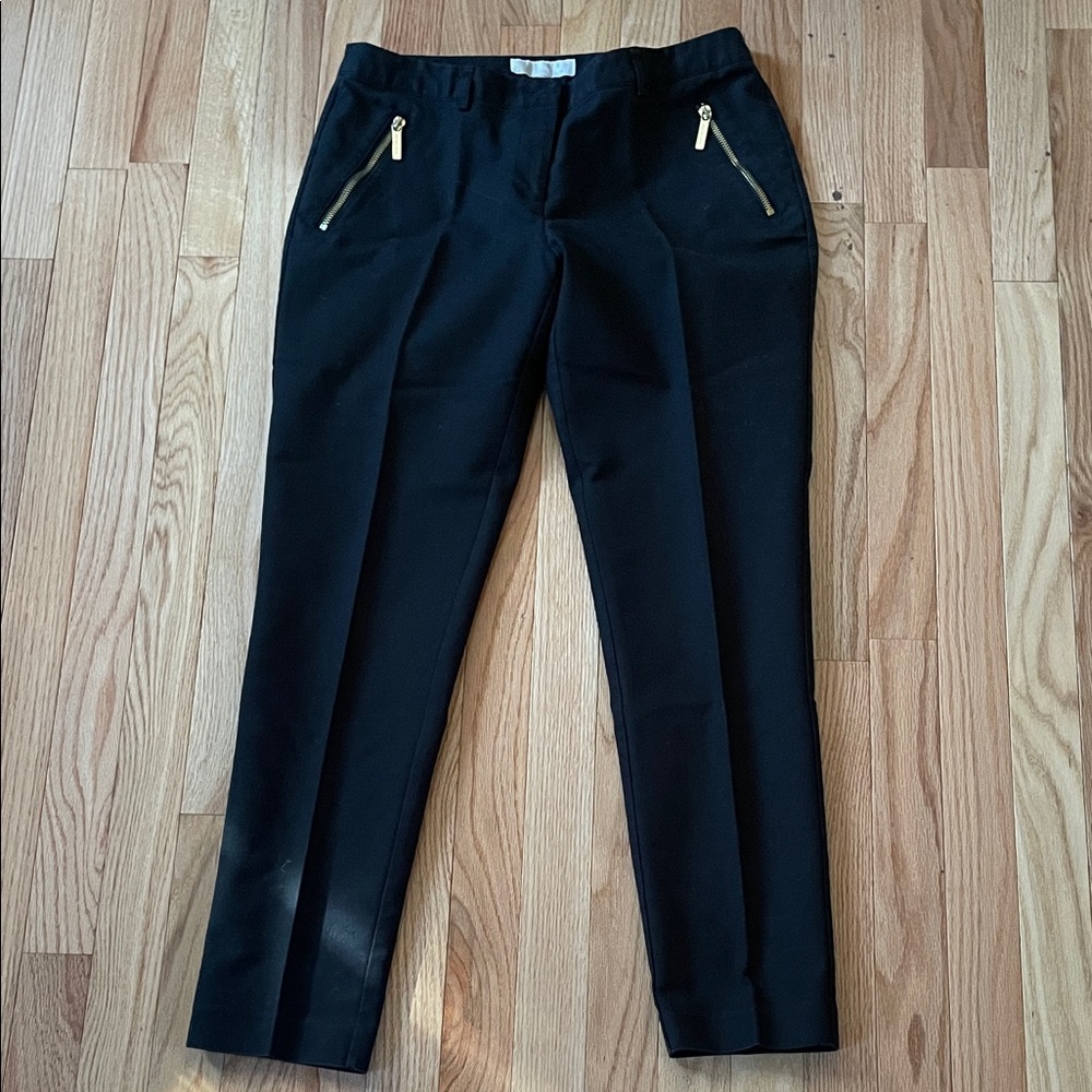 Michael Kors Ankle Pants Womens 8 Black Gold Zip Trousers Preppy Old Money
